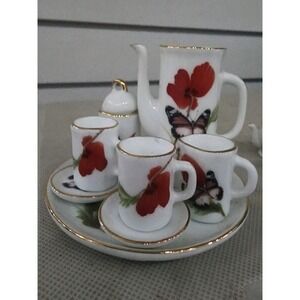 Vintage Miniature Porcelain Tea Set Poppy & Butterflies 9‎ Piece Set Tobin Tate